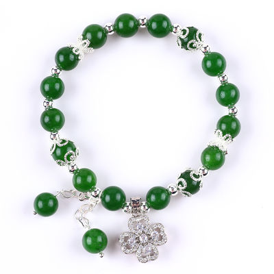 8MM Piedra de Jade Verde Oscuro con Flor de Spinner Encanto de curación espiritual Forma redonda Brazalete de cuentas de estiramiento