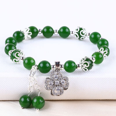 8MM Piedra de Jade Verde Oscuro con Flor de Spinner Encanto de curación espiritual Forma redonda Brazalete de cuentas de estiramiento