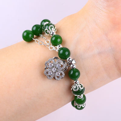 8MM Piedra de Jade Verde Oscuro con Flor de Spinner Encanto de curación espiritual Forma redonda Brazalete de cuentas de estiramiento