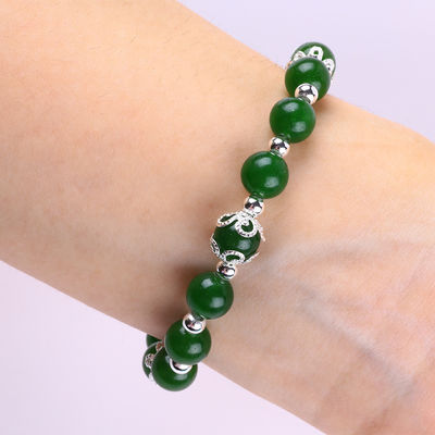 8MM Piedra de Jade Verde Oscuro con Flor de Spinner Encanto de curación espiritual Forma redonda Brazalete de cuentas de estiramiento