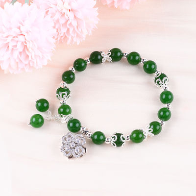 8MM Piedra de Jade Verde Oscuro con Flor de Spinner Encanto de curación espiritual Forma redonda Brazalete de cuentas de estiramiento