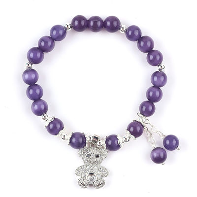 Piedra preciosa Ojo de gato púrpura con oso forma redonda hecha a mano brazalete de perlas de estiramiento para joyería regalo