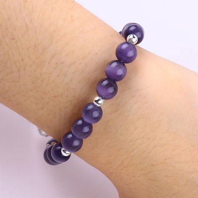 Piedra preciosa Ojo de gato púrpura con oso forma redonda hecha a mano brazalete de perlas de estiramiento para joyería regalo