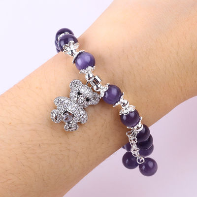 Piedra preciosa Ojo de gato púrpura con oso forma redonda hecha a mano brazalete de perlas de estiramiento para joyería regalo