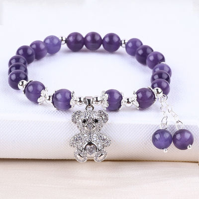 Piedra preciosa Ojo de gato púrpura con oso forma redonda hecha a mano brazalete de perlas de estiramiento para joyería regalo