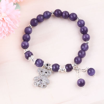 Piedra preciosa Ojo de gato púrpura con oso forma redonda hecha a mano brazalete de perlas de estiramiento para joyería regalo