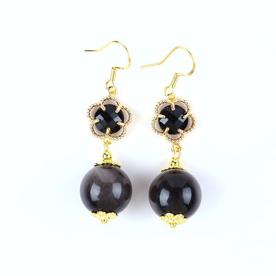 Orecillos de piedra de cristal hechos a mano Brillo de plata Obsidiana Piedra preciosa con cuentas Pendente Orecillos de piedra de cristal curativos Orecillos de piedra de cristal