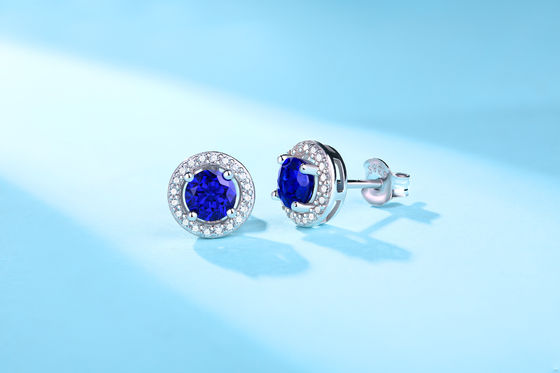 Azul 925 plata esterlina zircón redondo de piedra preciosa orejas para regalar