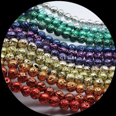Perlas de piedra preciosa de forma redonda, pulidas de varios colores, revestidas con piedra de lava para joyas hechas a mano